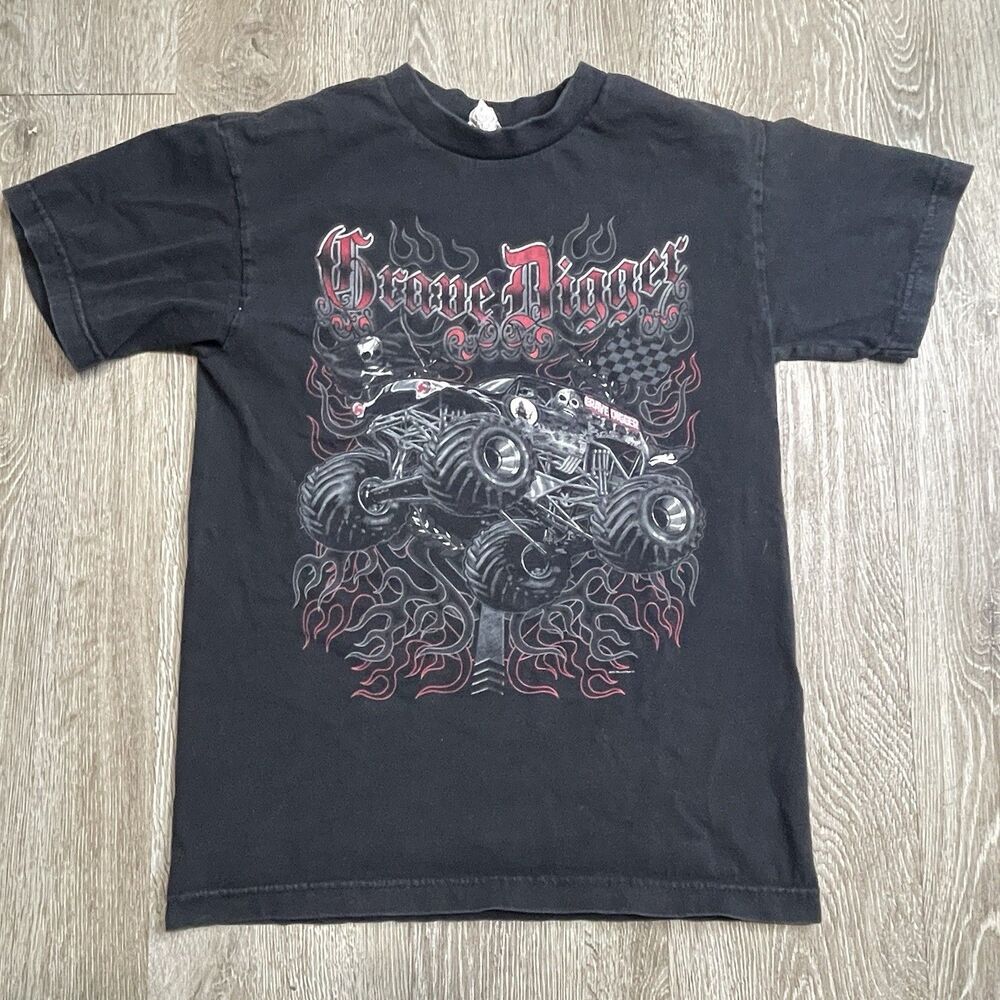 Grave Digger Y2k Graphic T Shirt Size S 2009 Flames Skull Alstyle Tag Black Red